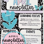 Editable April classroom newsletter template featuring a retro composition notebook design with pastel spring colors. The newsletter includes sections for learning focus, reminders, and events, plus a tulip-shaped sight word activity and a butterfly graphic. Ideal for preschool, kindergarten, or elementary teachers looking for a weekly or monthly newsletter format. Perfect for spring classroom communication and parent updates.
