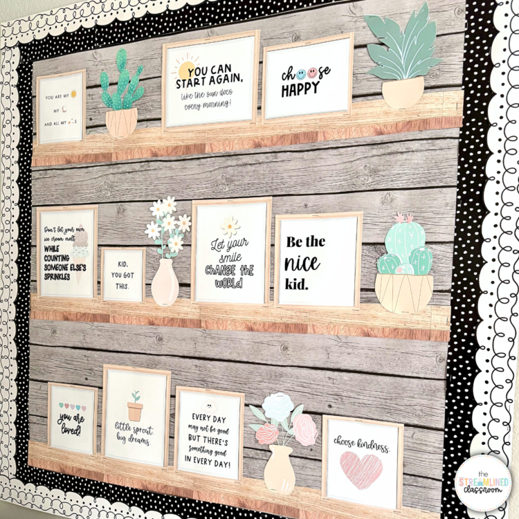 Wood-themed classroom bulletin board featuring framed motivational quotes, pastel plant accents, and a black-and-white scalloped border. Includes phrases like "Be the nice kid" and "Choose kindness" for an uplifting, boho classroom decor look.