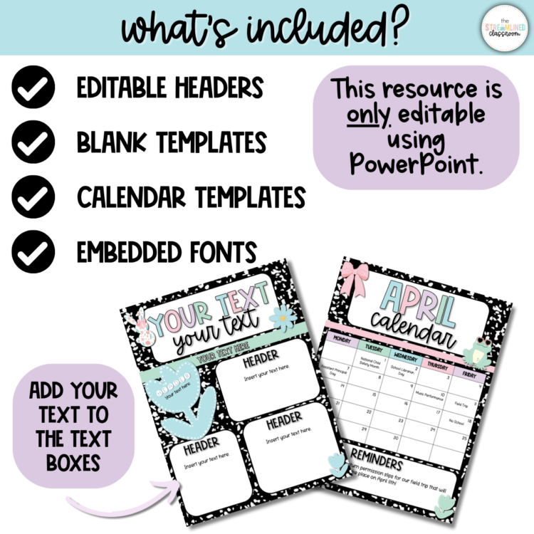 What’s included graphic showing editable headers, blank templates, calendar templates, and embedded fonts; features April newsletter and calendar examples.