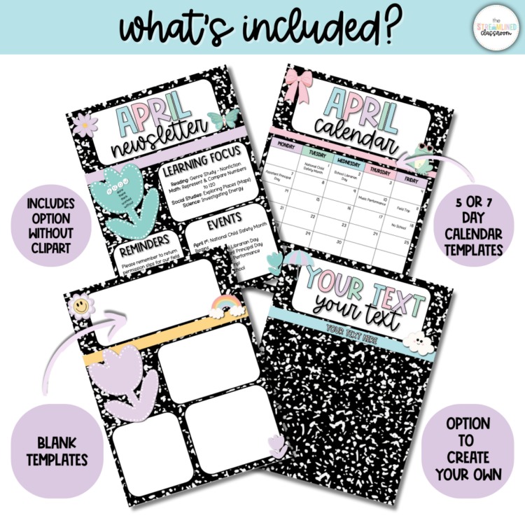 What’s included preview showing four editable templates: April newsletter, April calendar, and two blank layouts with and without clipart.