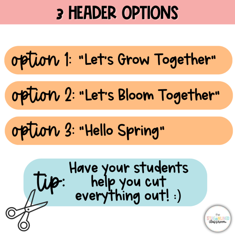 Three header options for the Spring Bulletin Board: 'Let's Grow Together,' 'Let's Bloom Together,' and 'Hello Spring.' Tip suggests having students help cut out pieces.