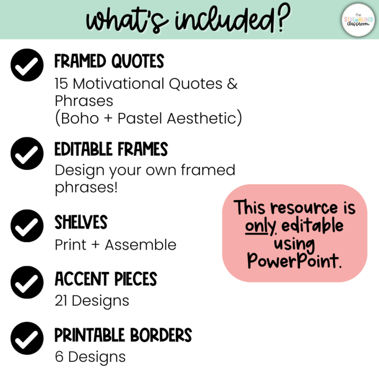 Checklist graphic showing what's included in the motivational bulletin board kit: 15 framed quotes, editable templates, printable shelves, 21 accent pieces, and 6 printable border designs. Highlights PowerPoint® as required for editing.