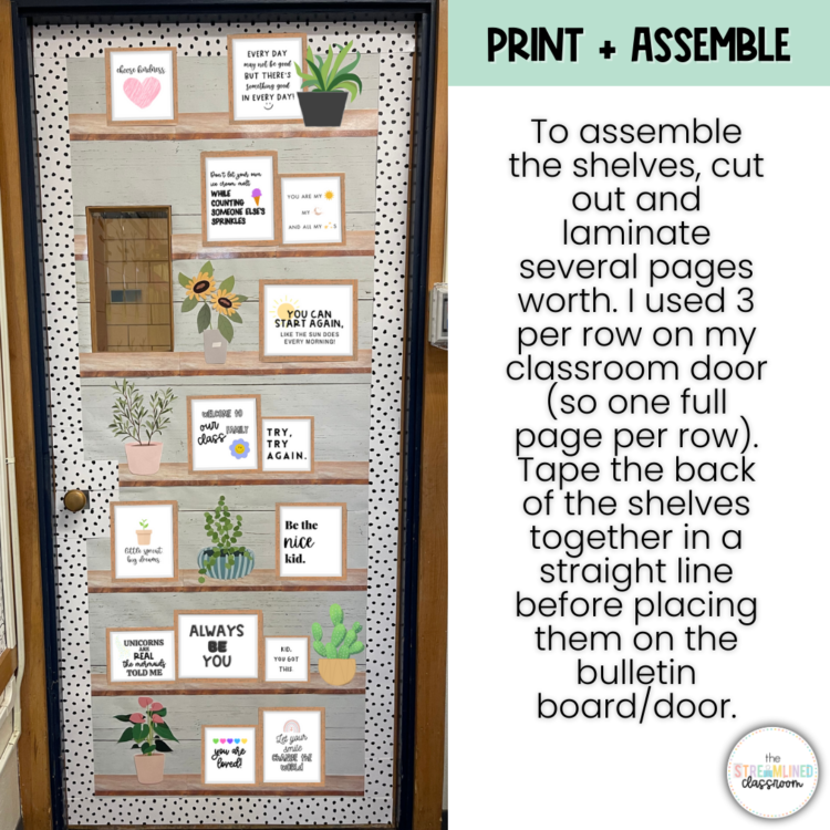Classroom door decorated with shelves displaying motivational framed quotes, pastel plant accents, and a neutral polka dot background. Visual instructions for assembling the print-and-tape shelf design.