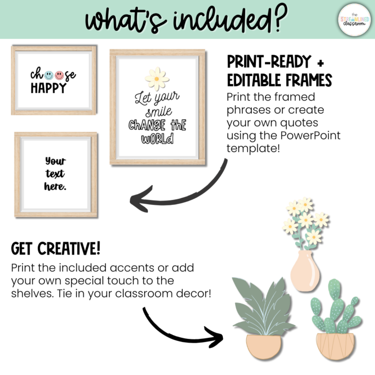 Editable framed quote posters like "Choose Happy" and "Let your smile change the world" with arrow graphics showing how to add text and use included plant accents. Encourages teachers to customize and match their classroom theme.