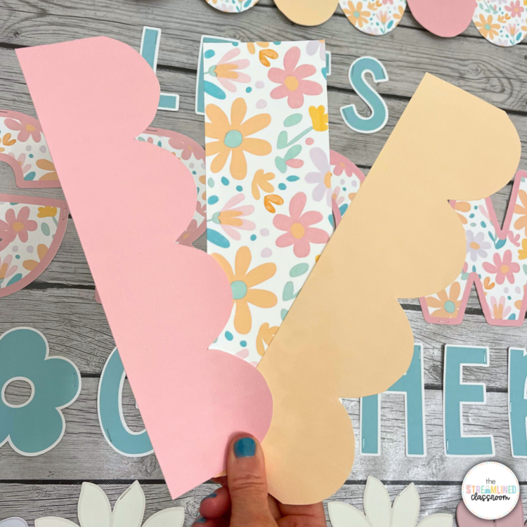 Close-up of printable border designs, including pastel scalloped edges and a floral pattern. Part of the Spring Bulletin Board Kit.