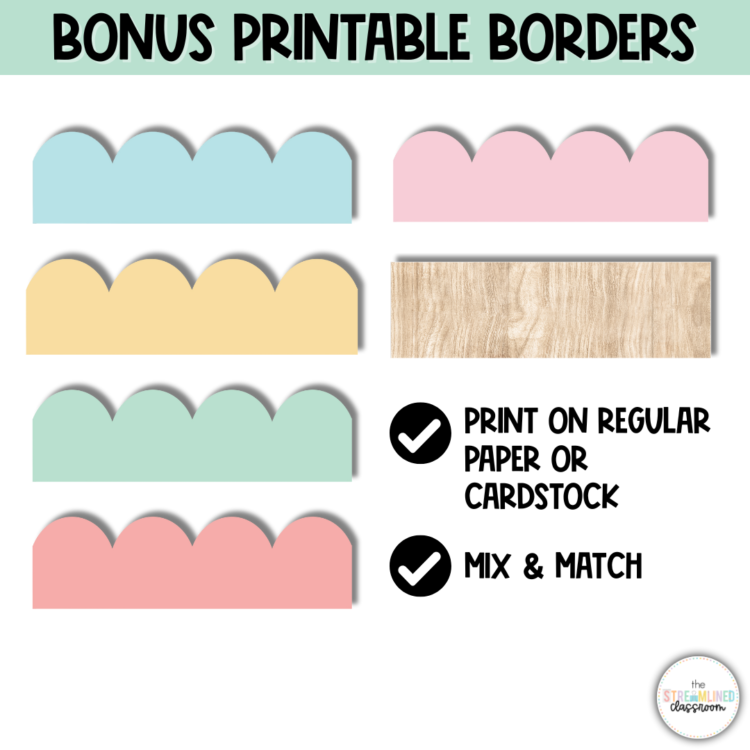Six printable bulletin board borders in pastel shades and wood texture, shown in a mix-and-match style. Can be printed on regular paper or cardstock for easy classroom decorating.