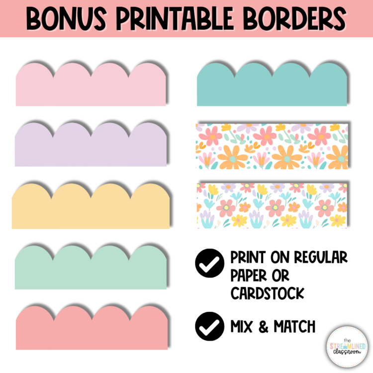 Bonus printable border designs in pastel colors and floral patterns. Can be printed on regular paper or cardstock and mixed and matched.