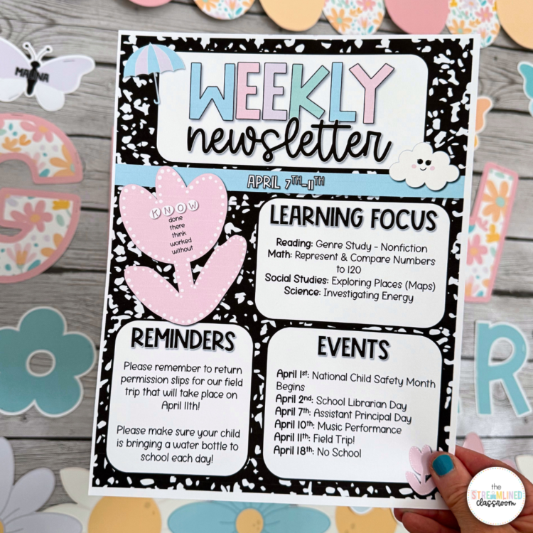 Close-up of weekly April newsletter template featuring learning focus, reminders, and events; black-and-white background with pink and blue spring clipart.