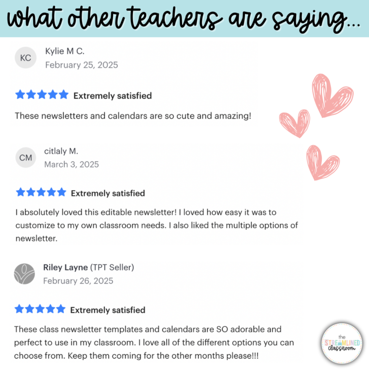 Teacher testimonials for April newsletter templates and calendars; reviews highlight ease of use, customization, and variety of design options.