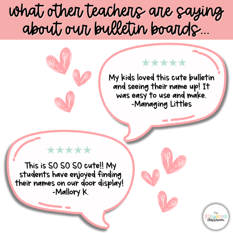 Customer reviews praising the Spring Bulletin Board Kit. Teachers highlight how students loved seeing their names displayed.