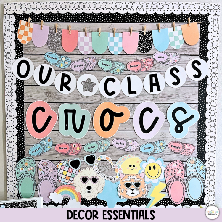 Bulletin board with the phrase “Our Class Crocs,” featuring pastel Croc shoe cutouts labeled with student names, a wood plank background, and 90s-themed clipart characters along the bottom.