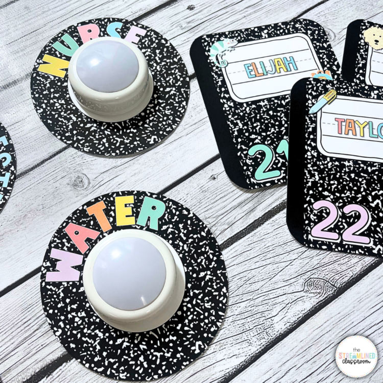 Push lights labeled “NURSE” and “WATER” in pastel letters on a black composition notebook background, next to student name tags for Elijah and Taylor.