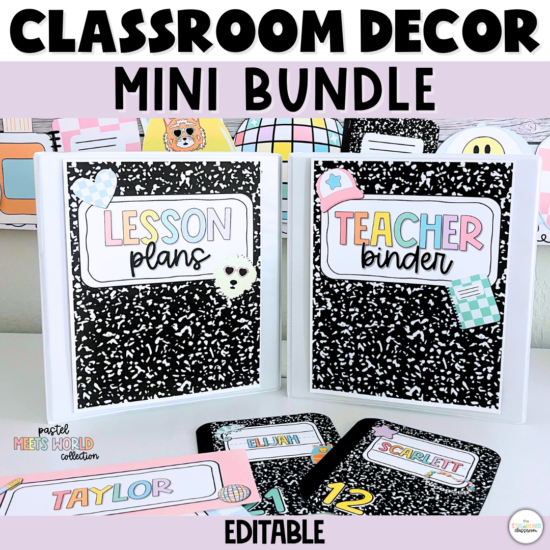 Classroom display featuring two white binders labeled "Lesson Plans" and "Teacher Binder" in a pastel composition notebook theme, with coordinating name tags below.