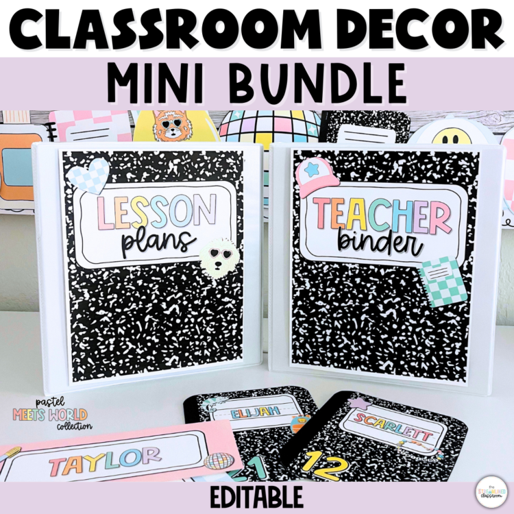 Classroom display featuring two white binders labeled "Lesson Plans" and "Teacher Binder" in a pastel composition notebook theme, with coordinating name tags below.