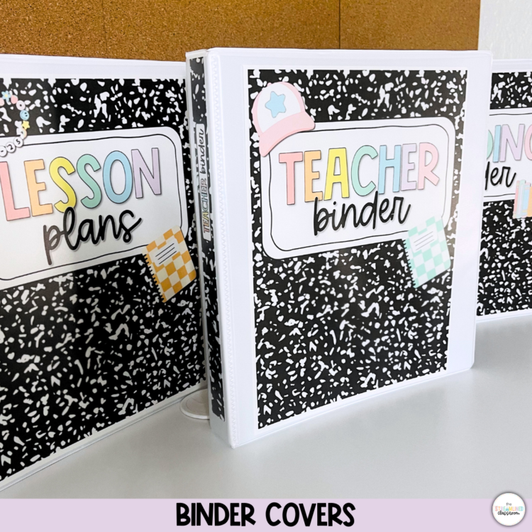 White teacher binders with pastel composition notebook-style covers labeled “Lesson Plans” and “Teacher Binder,” featuring fun 90s-themed icons.
