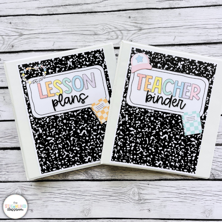 Two white binders on a wood surface with matching composition notebook-themed covers labeled “Lesson Plans” and “Teacher Binder” in pastel colors.