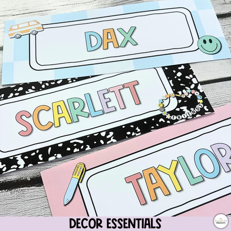 Close-up of three pastel student nameplates labeled Dax, Scarlett, and Taylor. Each nameplate features 90s-inspired clipart like a smiley face, van, and friendship bracelet.