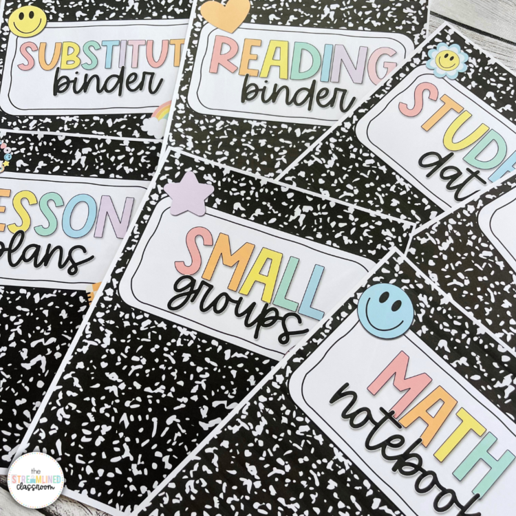 Assortment of composition notebook-themed binder covers for various classroom uses, including Reading Binder, Substitute Binder, Small Groups, and Math Notebook.