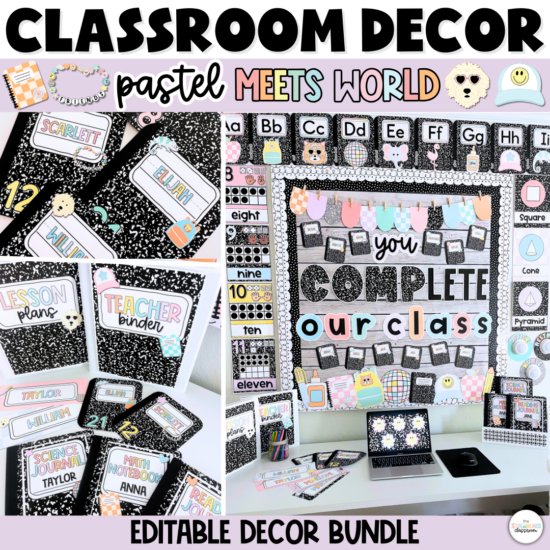 Editable pastel classroom decor bundle with a 90s composition notebook theme. Features bulletin board, binder covers, student name tags, and bright accents.