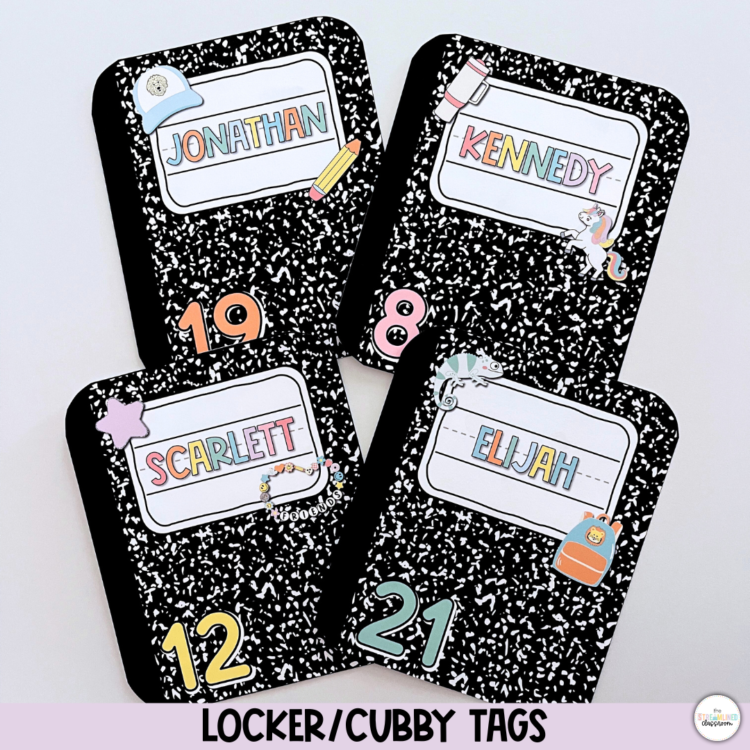 Set of four pastel composition notebook locker tags labeled with student names—Jonathan, Kennedy, Scarlett, and Elijah—each with a unique student number.