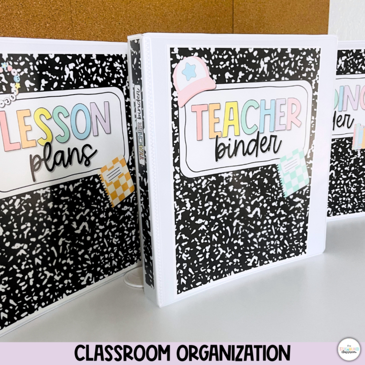 Pastel classroom organization binders labeled “Lesson Plans” and “Teacher Binder” with black-and-white composition notebook backgrounds, rainbow text, and 90s-themed clipart accents.