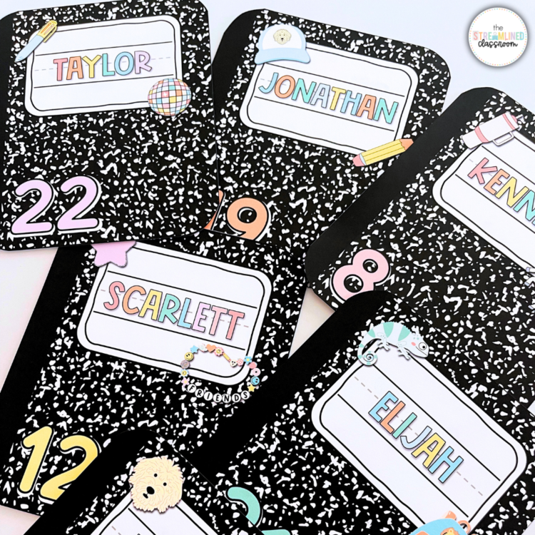 Multiple pastel composition notebook-themed locker tags spread out, each featuring a student name and number with playful clipart.