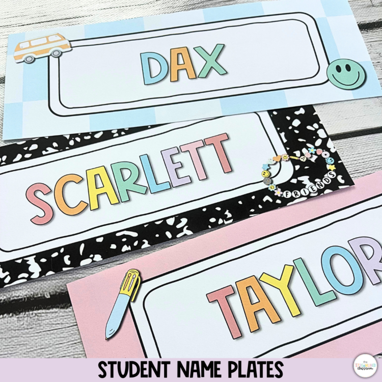 Trio of student desk name plates in pastel shades labeled “DAX,” “SCARLETT,” and “TAYLOR,” with hand-drawn icons and composition notebook accents.