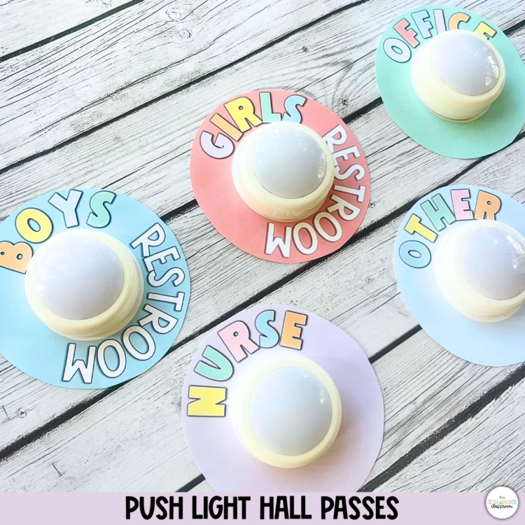 Push light hall passes labeled “BOYS RESTROOM,” “GIRLS RESTROOM,” “NURSE,” “OFFICE,” and “OTHER” on colorful pastel backgrounds for classroom use.