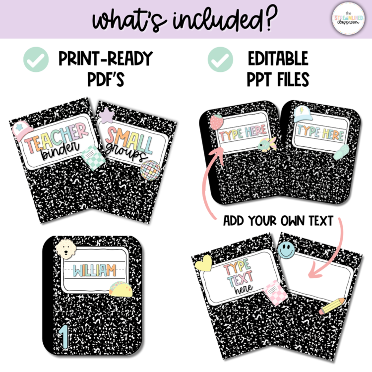Graphic showing what's included in the bundle—print-ready PDFs and editable PowerPoint files with composition notebook backgrounds and customizable text.