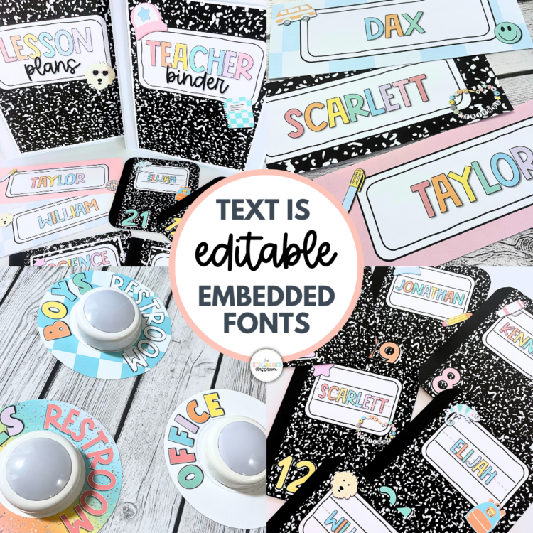 Collage of pastel composition notebook-themed classroom decor including editable desk name tags, locker tags, and push light passes for areas like the restroom and office.