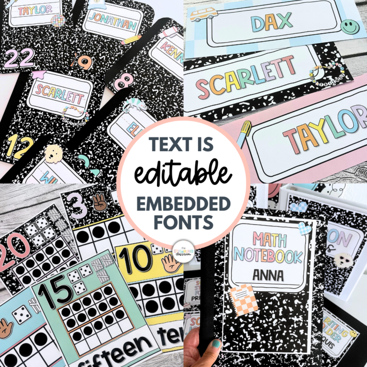 Editable classroom materials with embedded fonts, including number posters, notebook labels, and pastel-themed name tags with 90s flair.