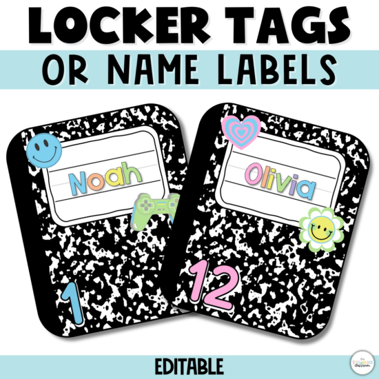 Two retro composition locker tags labeled Noah and Olivia, with clipart and student numbers 1 and 12, in a bold black and white notebook pattern.