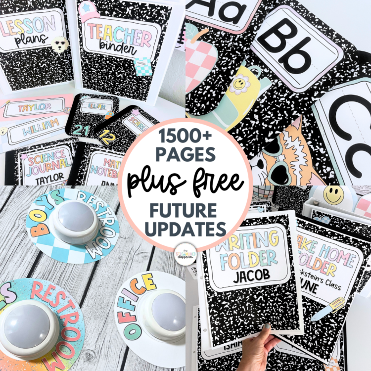 Student name tags on black composition notebook backgrounds, featuring pastel 90s clipart like smiley faces, roller skates, and playful doodles.
