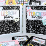 Classroom display featuring two white binders labeled "Lesson Plans" and "Teacher Binder" in a pastel composition notebook theme, with coordinating name tags below.