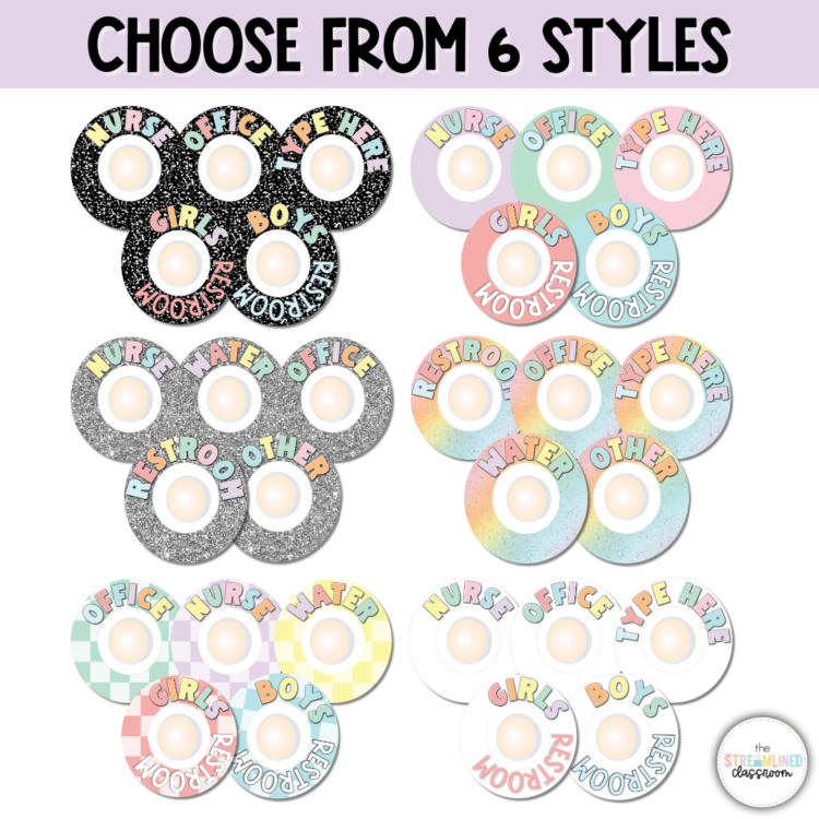 Six styles of editable push light hall passes with composition notebook and pastel designs labeled for Nurse, Office, Girls' Restroom, Boys' Restroom, and more.
