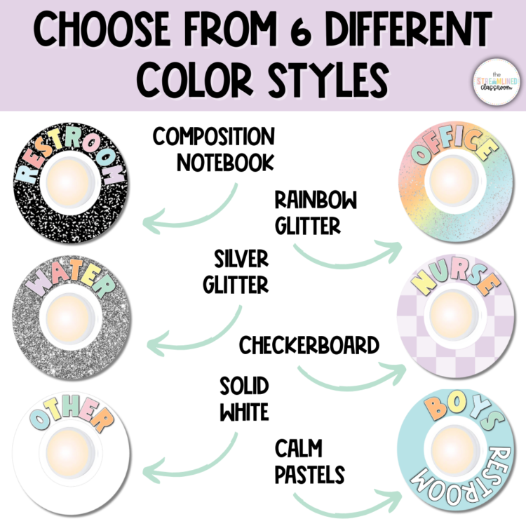 Chart showing six different color styles for push light hall passes: composition notebook, rainbow glitter, silver glitter, checkerboard, solid white, and calm pastels.