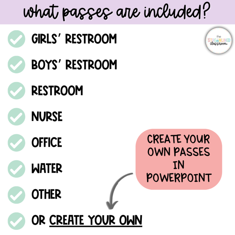 Checklist showing included editable push light hall passes: Girls’ Restroom, Boys’ Restroom, Restroom, Nurse, Office, Water, Other, with a note to create your own in PowerPoint.