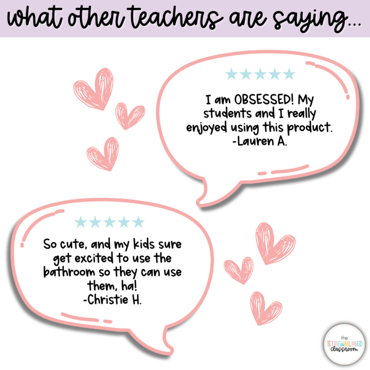 Two 5-star teacher reviews in pink speech bubbles: one from Lauren A. praising the product, and one from Christie H. sharing student excitement for using the passes.