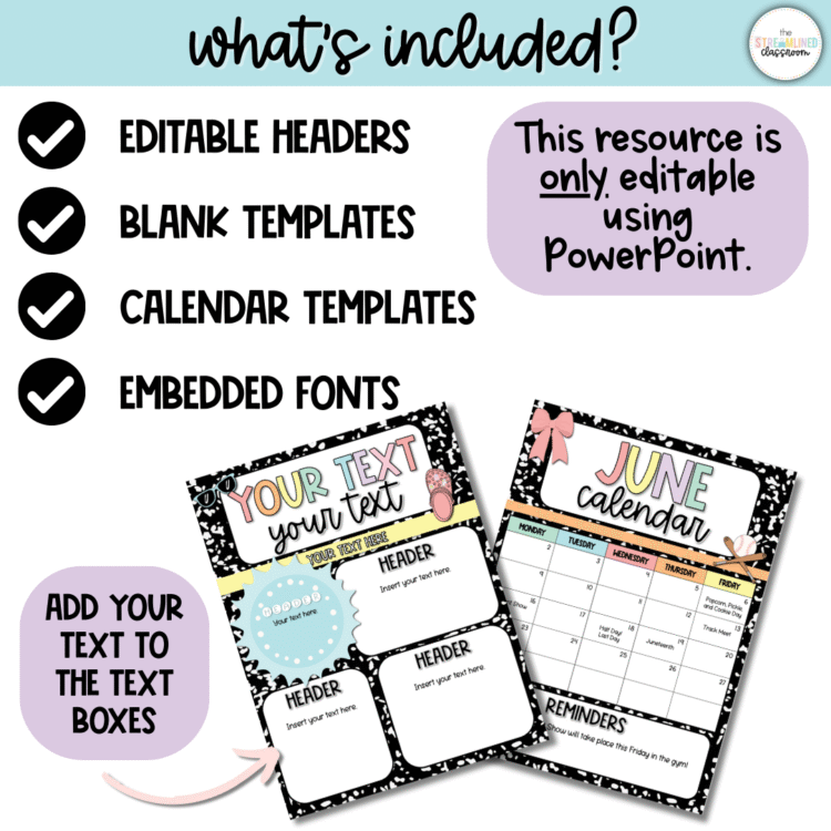 “What's Included” graphic for June and July newsletter templates. Features a checklist with editable headers, blank templates, calendar templates, and embedded fonts. Includes a note that the file is editable only in PowerPoint. Two sample newsletter pages are shown with summer-themed clipart and composition notebook backgrounds.