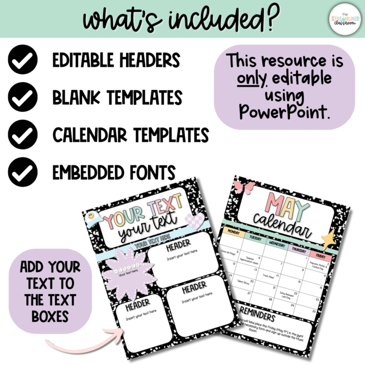 Editable May newsletter templates with a retro composition notebook theme. Includes pastel headers, learning focus sections, reminders, and event boxes with cute clipart like rainbows and smiley faces.