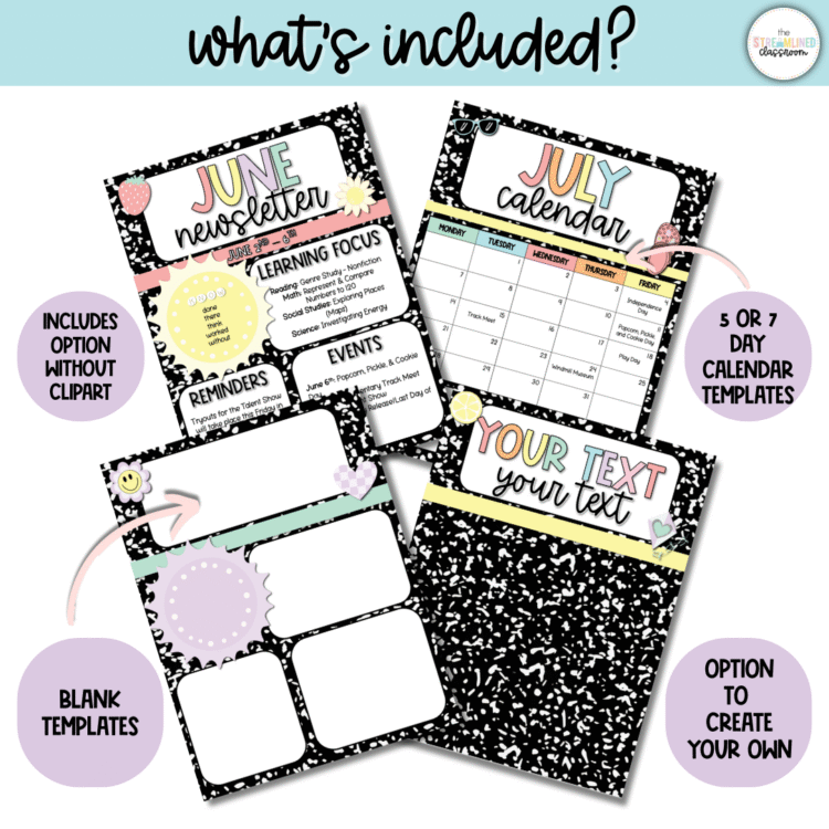 “What’s Included” overview of the June and July newsletter templates. Features four designs: a June newsletter, July calendar, blank newsletter, and a fully customizable template. Highlights include options with and without clipart, 5- or 7-day calendar layouts, and editable text sections in a black composition notebook theme.