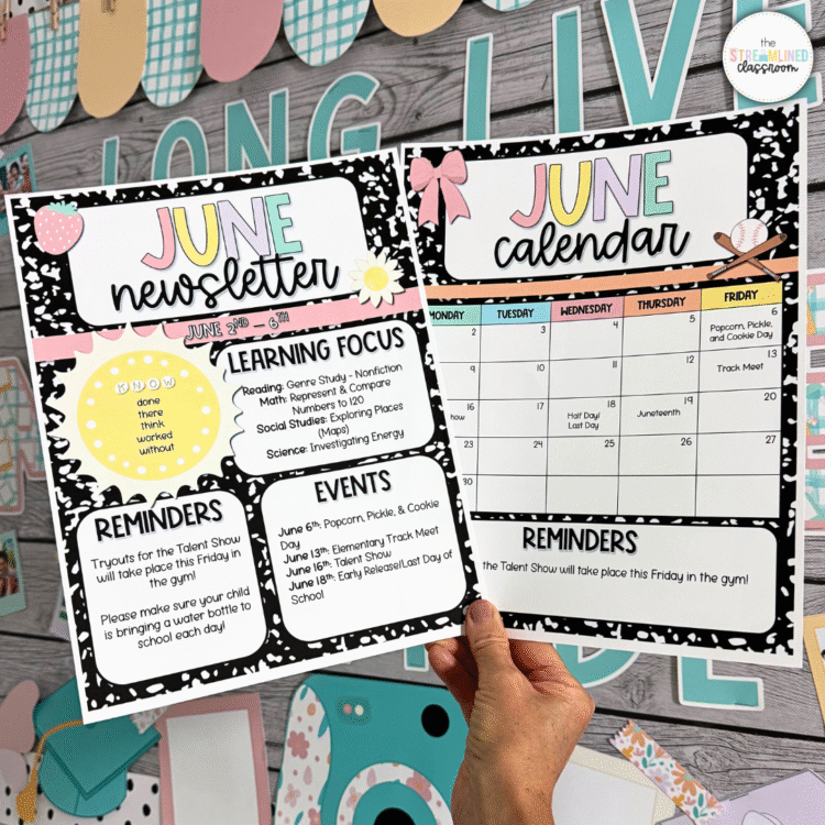 Printed June newsletter and calendar templates held in front of a colorful classroom bulletin board. Features a pastel summer theme with editable sections for reminders, events, and a learning focus, plus a matching calendar with holidays and events filled in.
