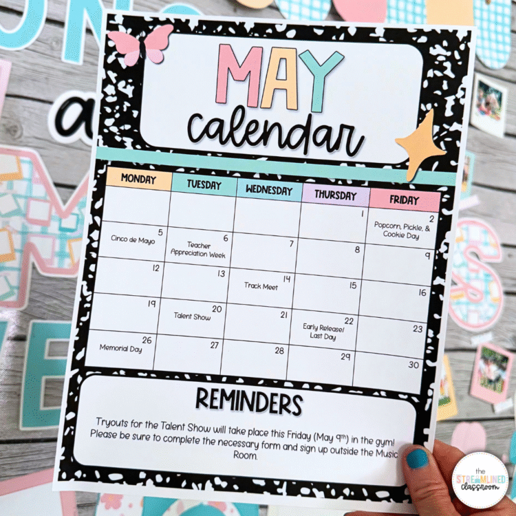 A colorful May classroom calendar with pastel composition notebook border, editable layout, and important events marked, like Teacher Appreciation Week and Track Meet. Includes a reminders section at the bottom and playful clipart like a butterfly and star.