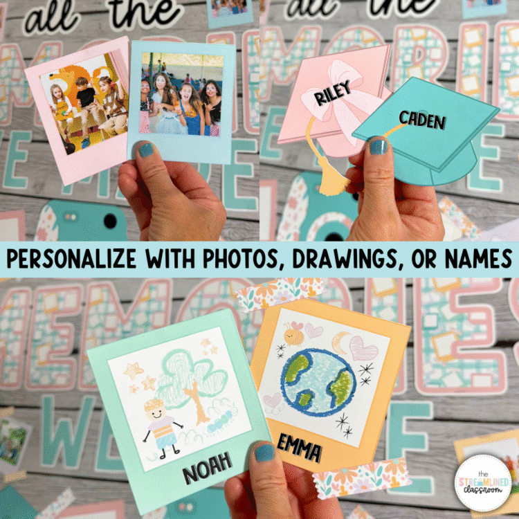 Four examples of how to personalize the bulletin board: photos of students in Polaroid frames, name-labeled graduation caps, and hand-drawn student memory crafts. Banner text reads 'Personalize with photos, drawings, or names.'