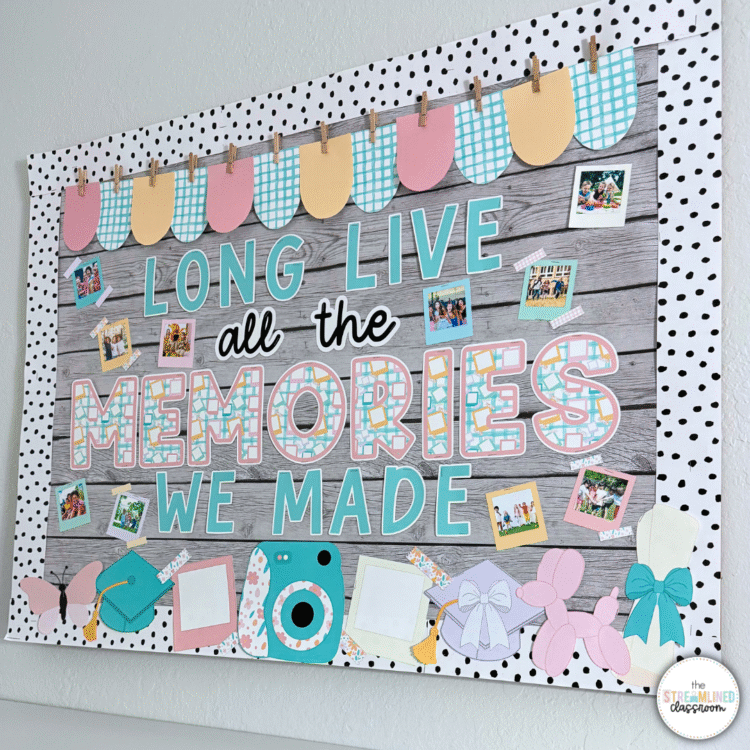 Display of the 'End of the Year Bulletin Board Kit' with the phrase 'Long Live All the Memories We Made' on a wood-style background. Surrounded by pastel pennants, Polaroid photo frames, butterflies, graduation caps, and a camera clipart. Photos of students are added as personalization.