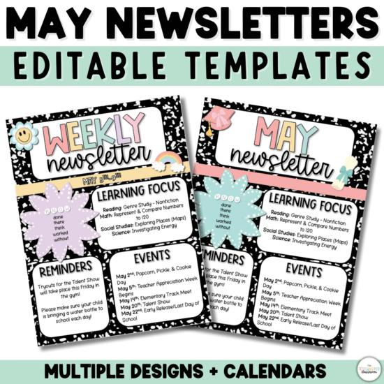 Two May newsletter pages with a graduation theme, showcasing learning focus, reminders, and events. Designs include soft pastel colors, editable text areas, and calendar layouts with school-themed icons.