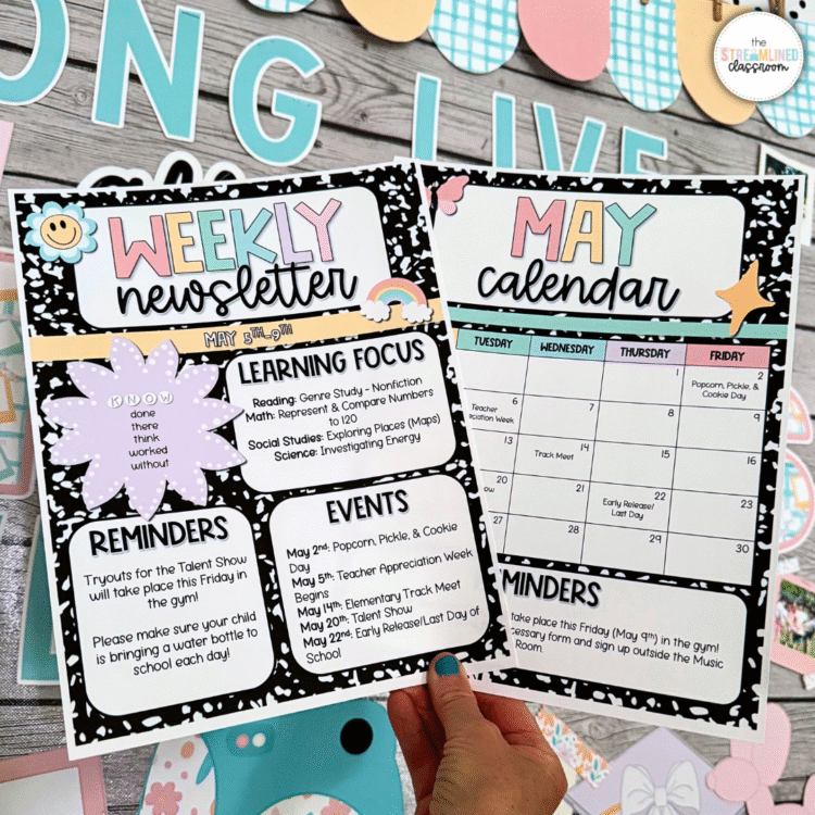 Hand holding matching May newsletter and calendar templates with a spring theme. Features editable text boxes for reminders, events, and learning focuses, all framed in a composition notebook style.