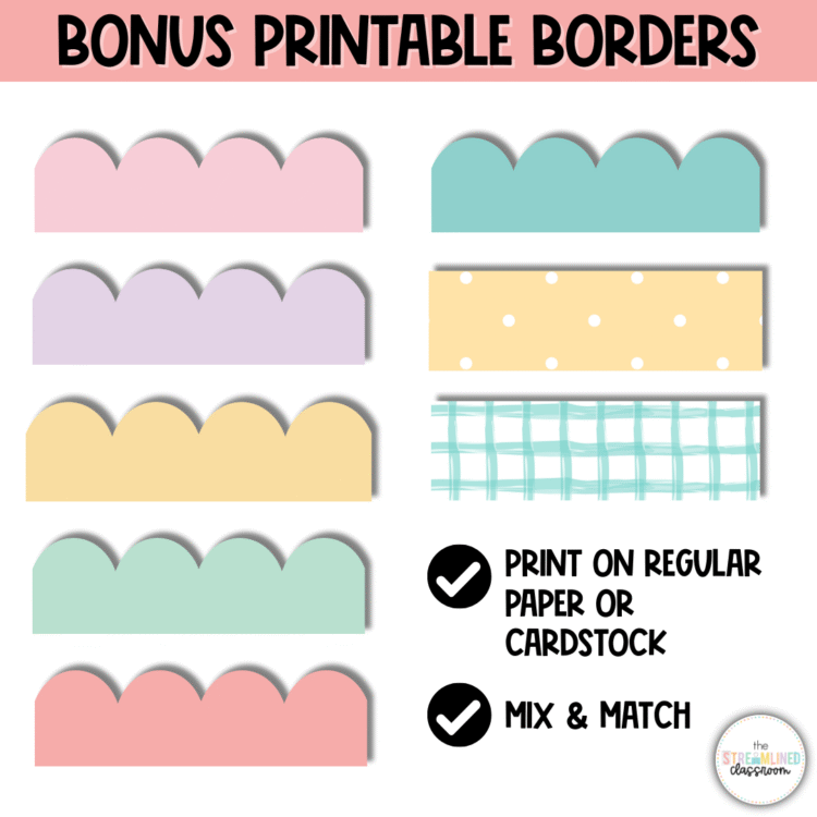 Display of 7 pastel printable bulletin board borders in various shapes and patterns including scalloped, polka dot, and grid styles. Includes note to print on regular paper or cardstock and mix and match.