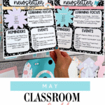 Hand holding matching May newsletter and calendar templates with a spring theme. Features editable text boxes for reminders, events, and learning focuses, all framed in a composition notebook style.