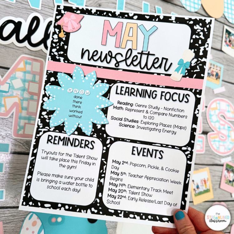 A pastel-themed May newsletter template featuring a bold “May Newsletter” header, learning focus, reminders, and events sections. Decorated with graduation-themed clipart like a cap and diploma over a black and white composition notebook background.